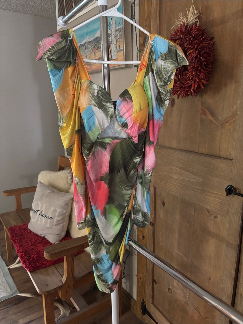 Multicolor Tropical Print Off-Shoulder Women’s Dress